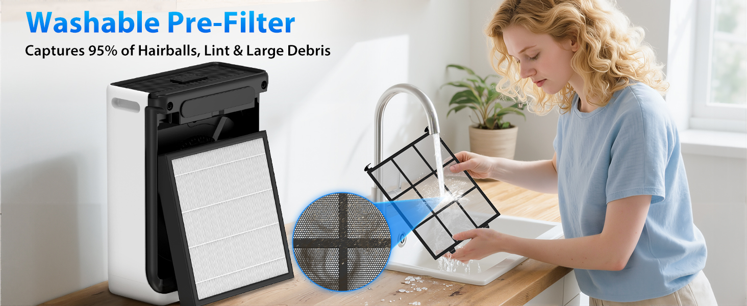 Washable pre-filter captures hair, lint and large debris