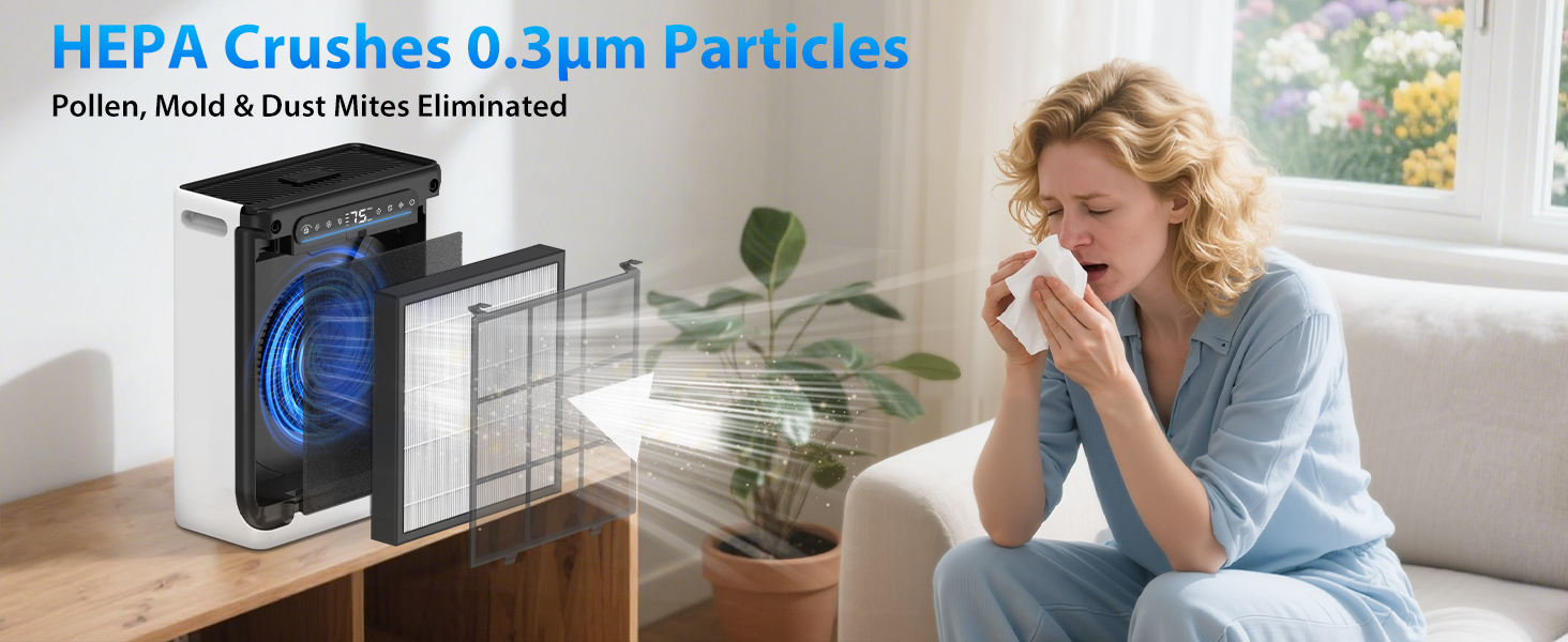 HEPA filter captures particles down to 0.3 microns
