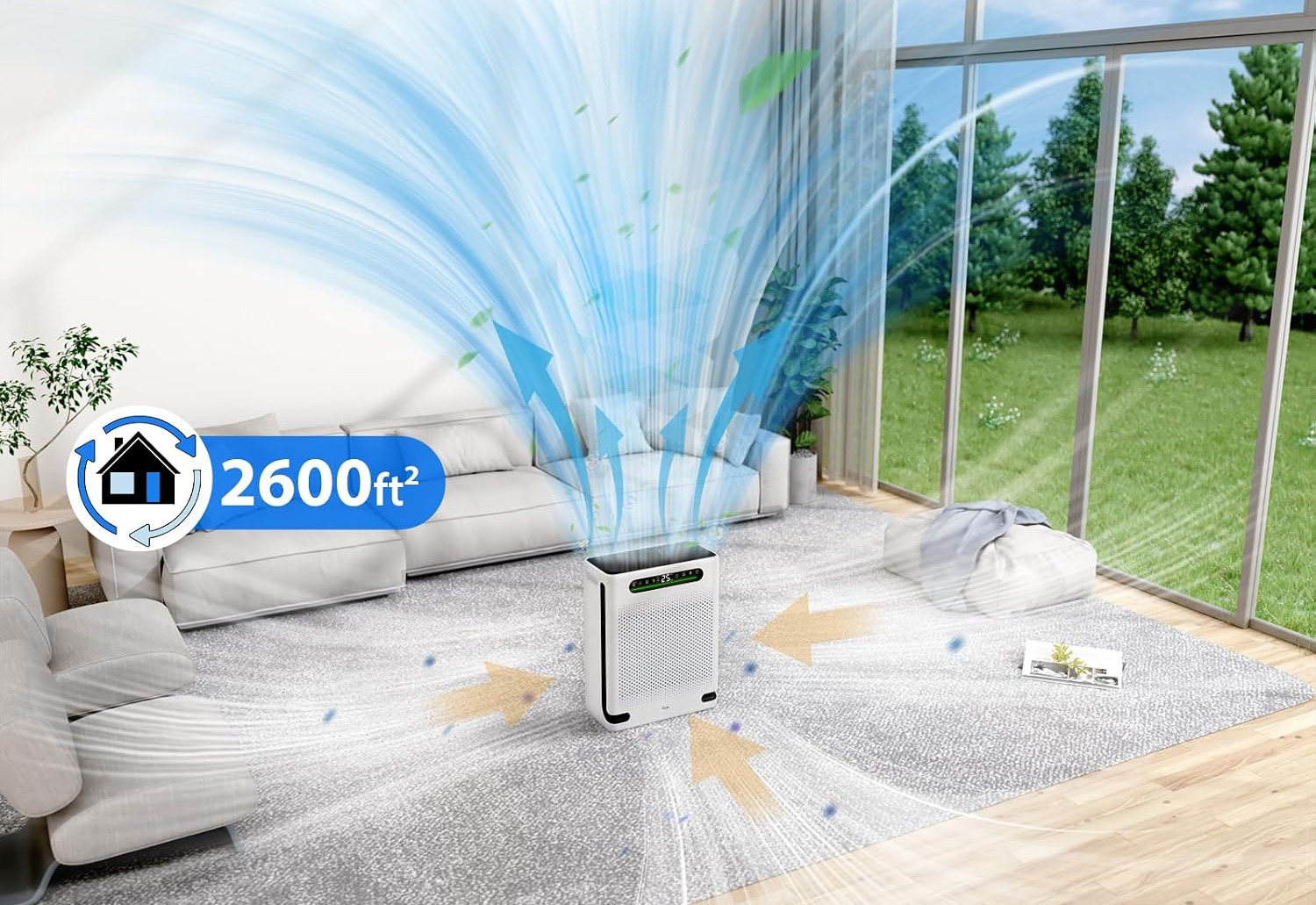 white air purifier purifying a living room, 2,600 sq. ft. coverage