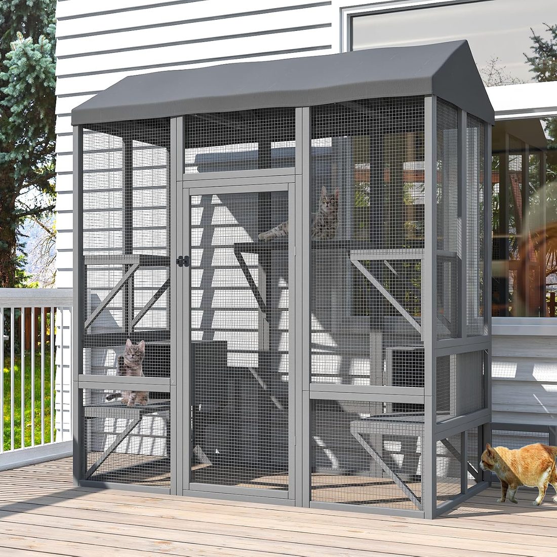 Large outdoor cat enclosure catio with waterproof cover, grey