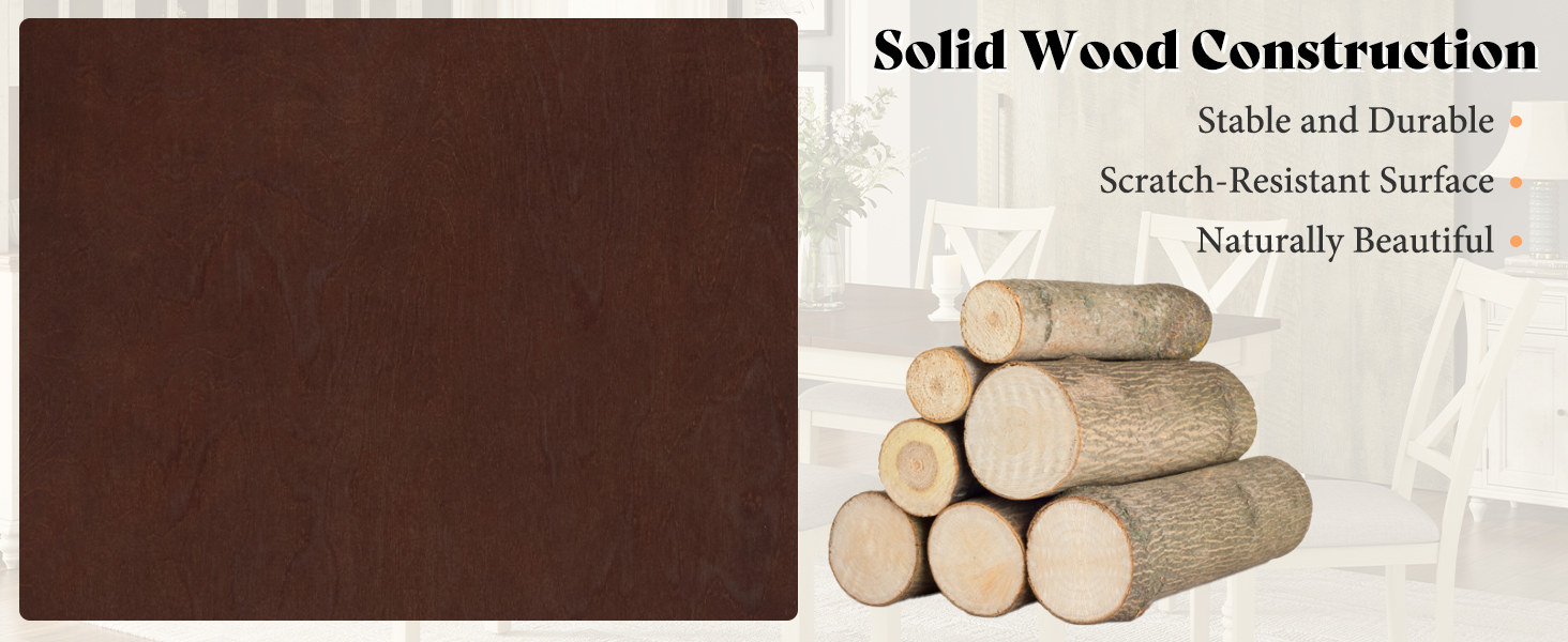 solid wood construction callouts: stable and durable, scratch-resistant surface and naturally beautiful wood grain