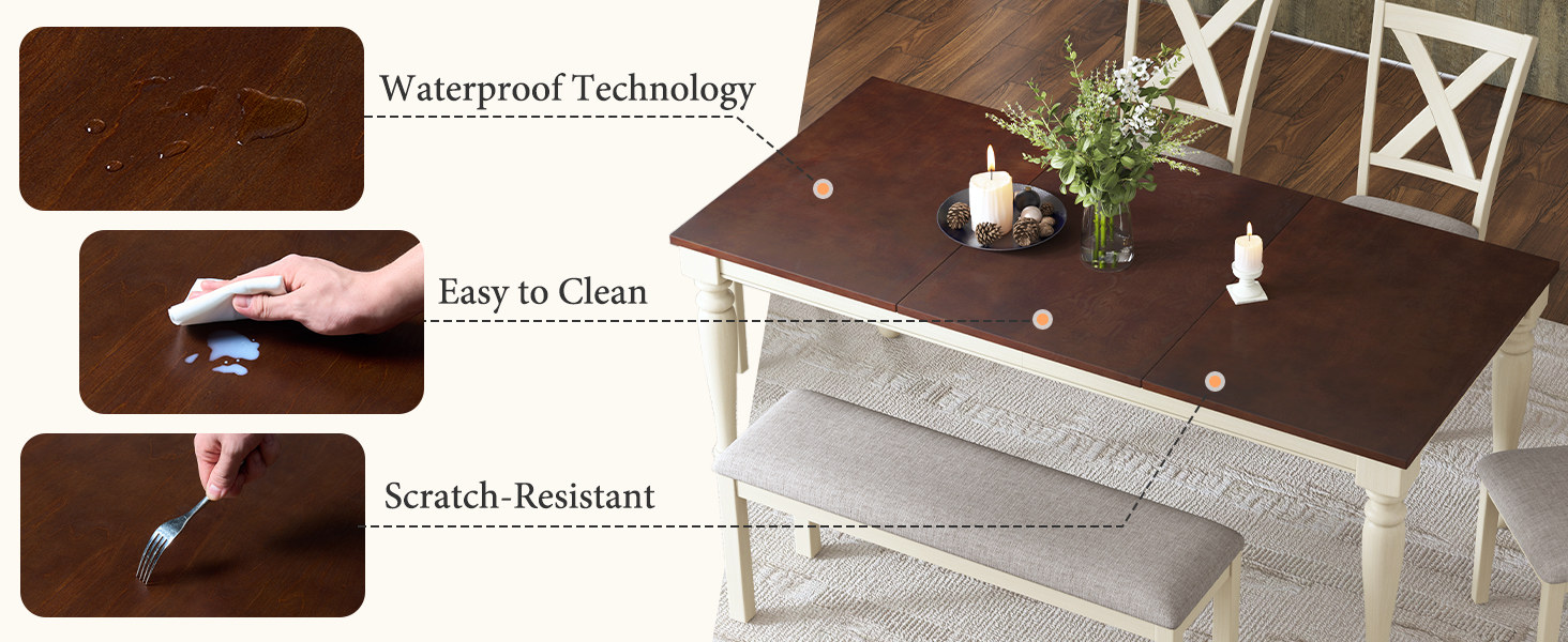 waterproof tabletop demonstration: water beading on the surface, easy to clean and scratch-resistant, shown on the full dining set