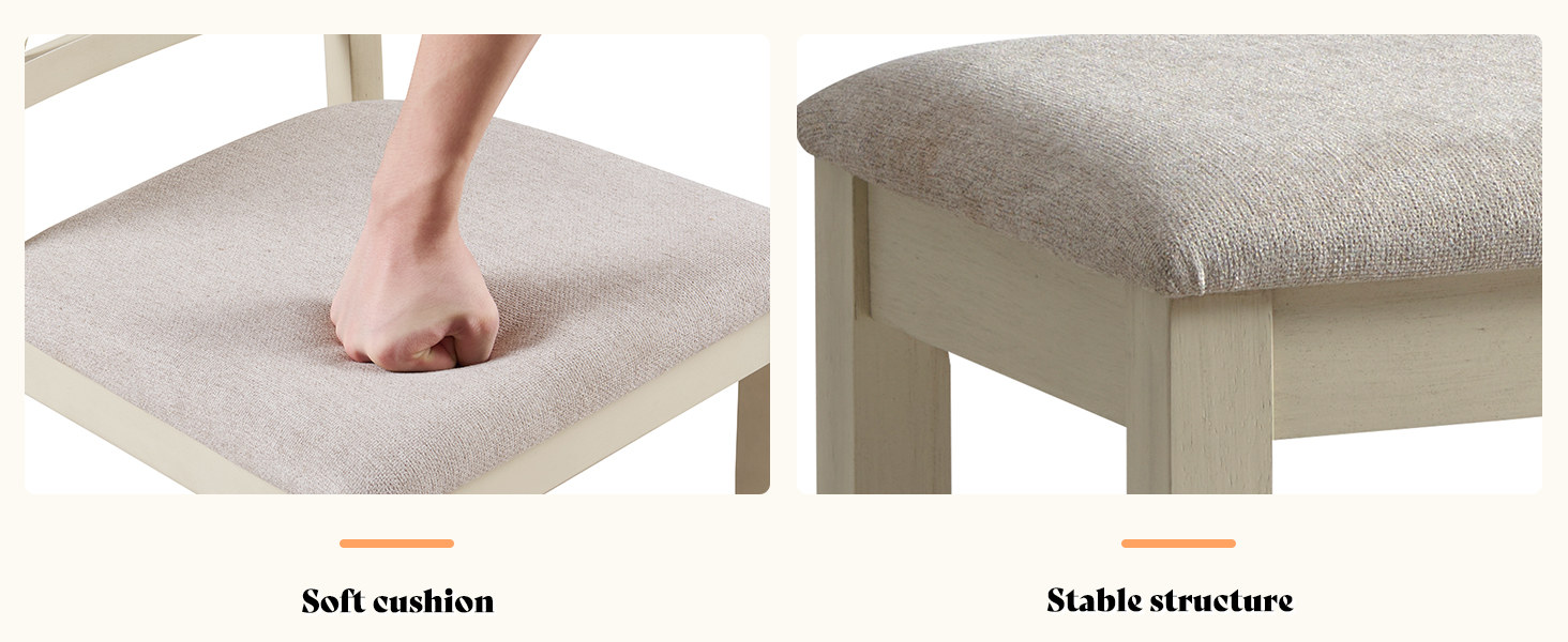 soft cushion and stable structure detail: fist-press test on the upholstered seat and solid wood frame joinery