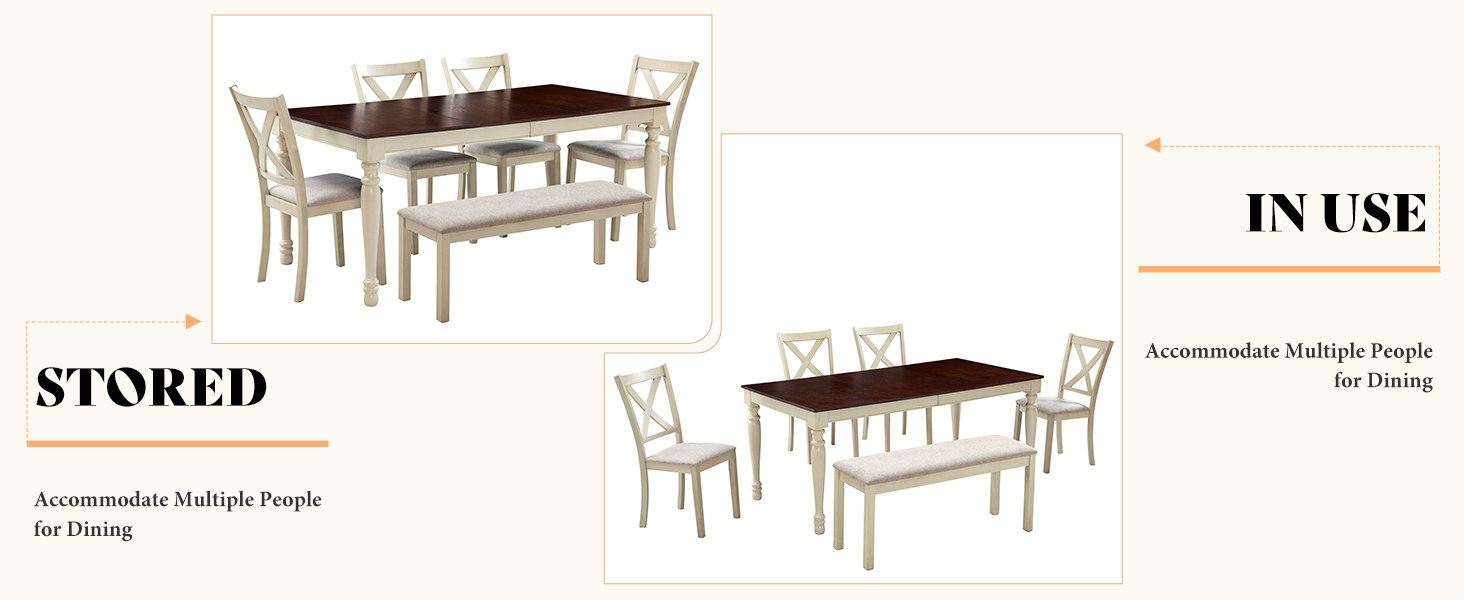 stored and in use views of the 6-piece dining set accommodating multiple people for dining