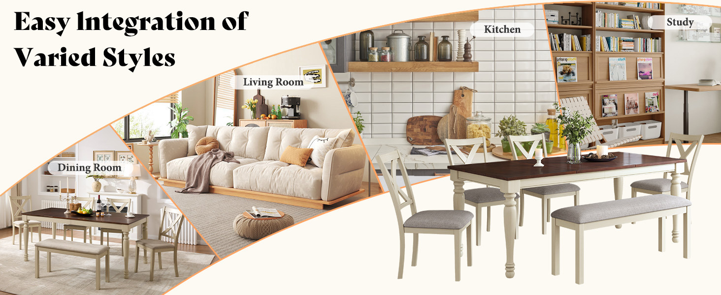 easy integration of varied styles: the dining set in living room, dining room, kitchen and study settings