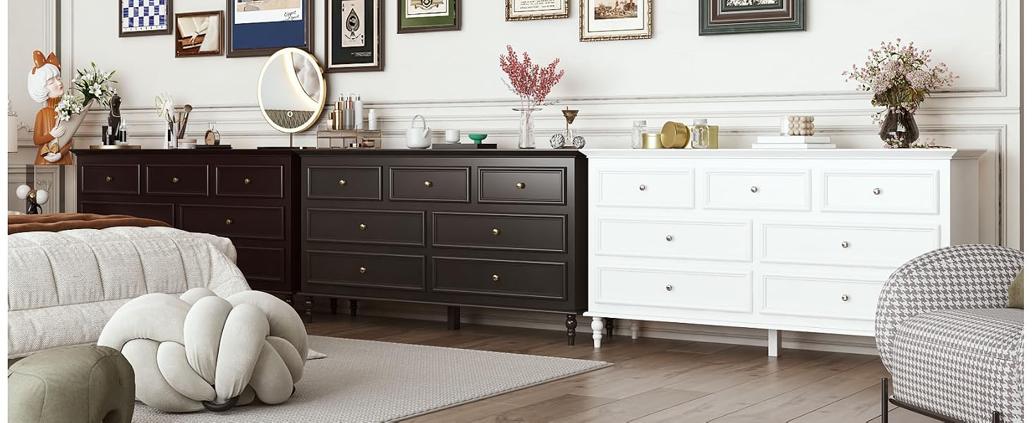 black and white dressers side by side