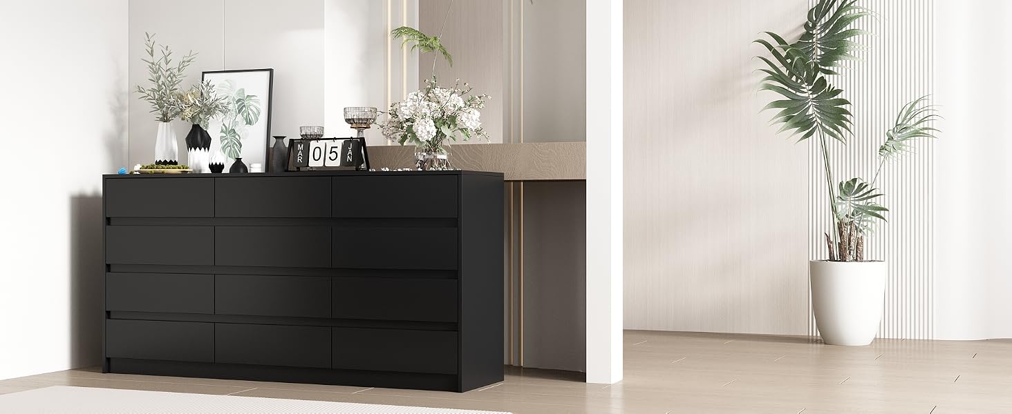 nine drawer dresser for bedroom, black, handle-free drawer fronts