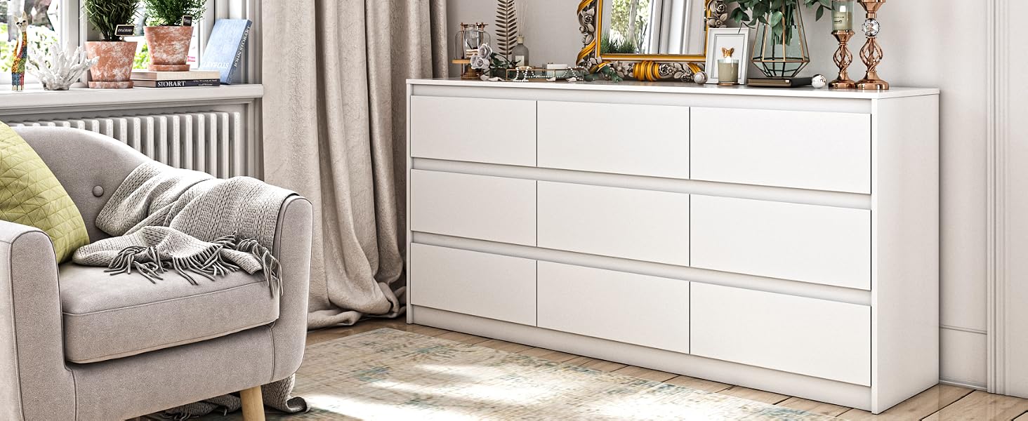 nine drawer dresser for bedroom with handle free fronts, white