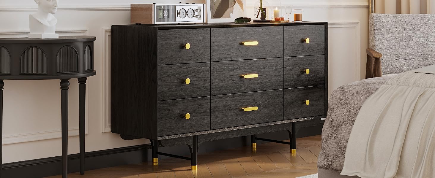 black nine drawer dresser with gold handles