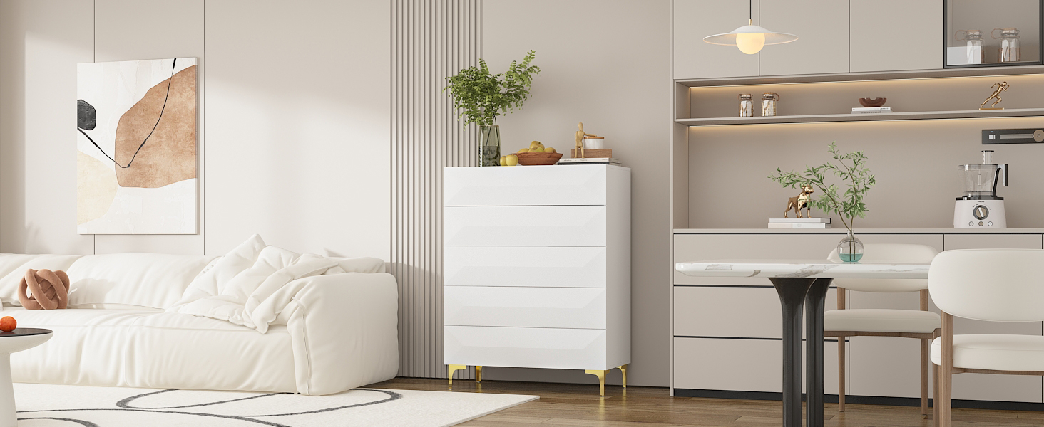white five drawer dresser chest in a bright room