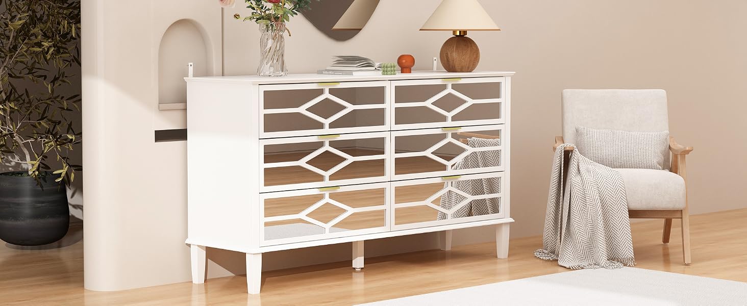 white dresser with mirrored geometric drawer fronts