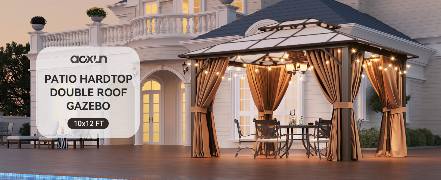 Brown hardtop gazebo with a polycarbonate double roof, 10 x 12 ft overview