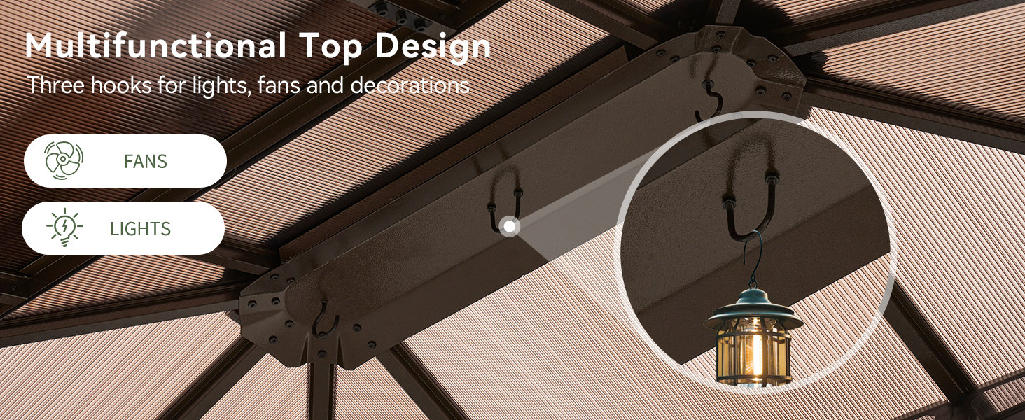 Multifunctional top design with hooks for fans, lights and decorations