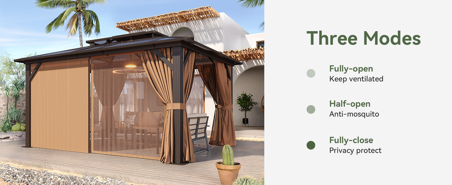 Three modes with curtains, netting or open sides