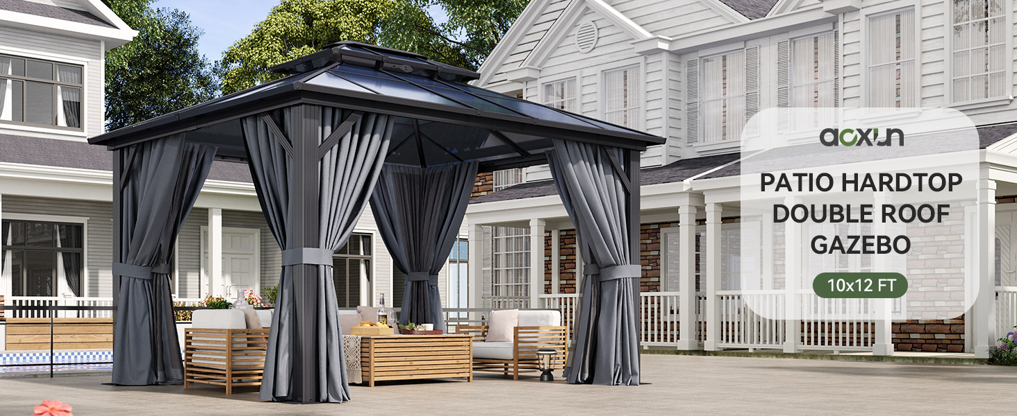 Gray hardtop gazebo with a polycarbonate double roof, 10 x 12 ft overview