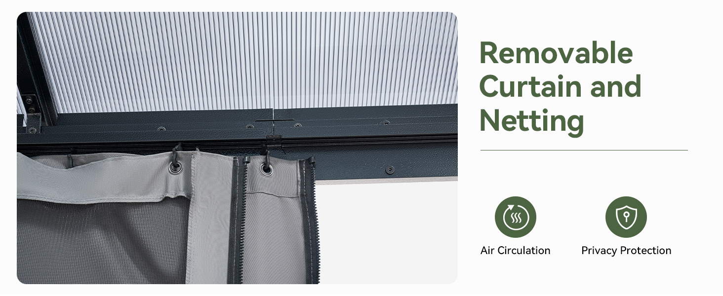 Removable curtains and mosquito netting on the hardtop gazebo