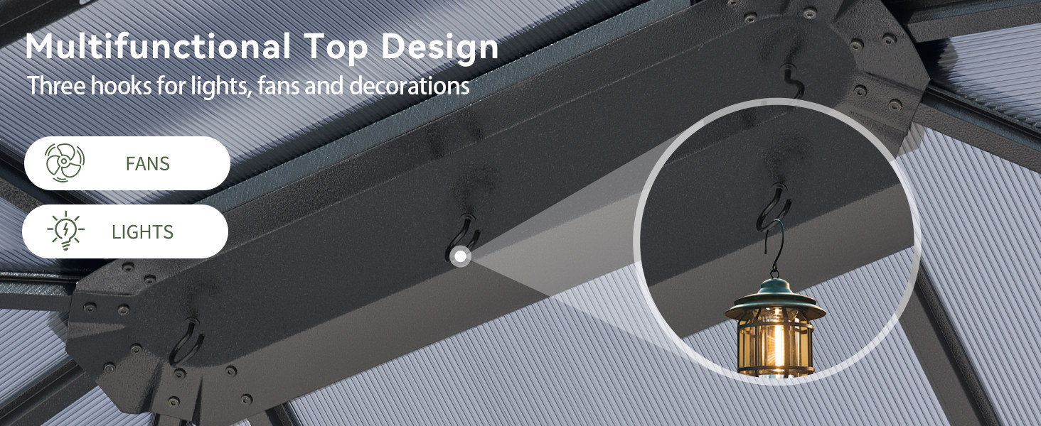 Multifunctional top design with hooks for fans, lights and decorations
