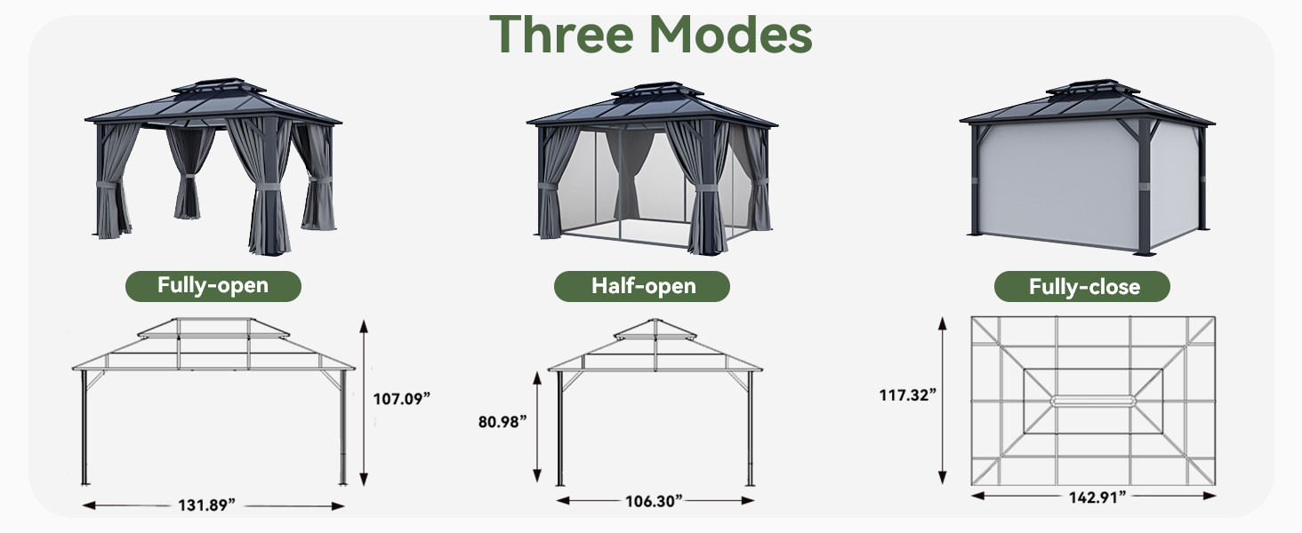 Three modes with curtains, netting or open sides