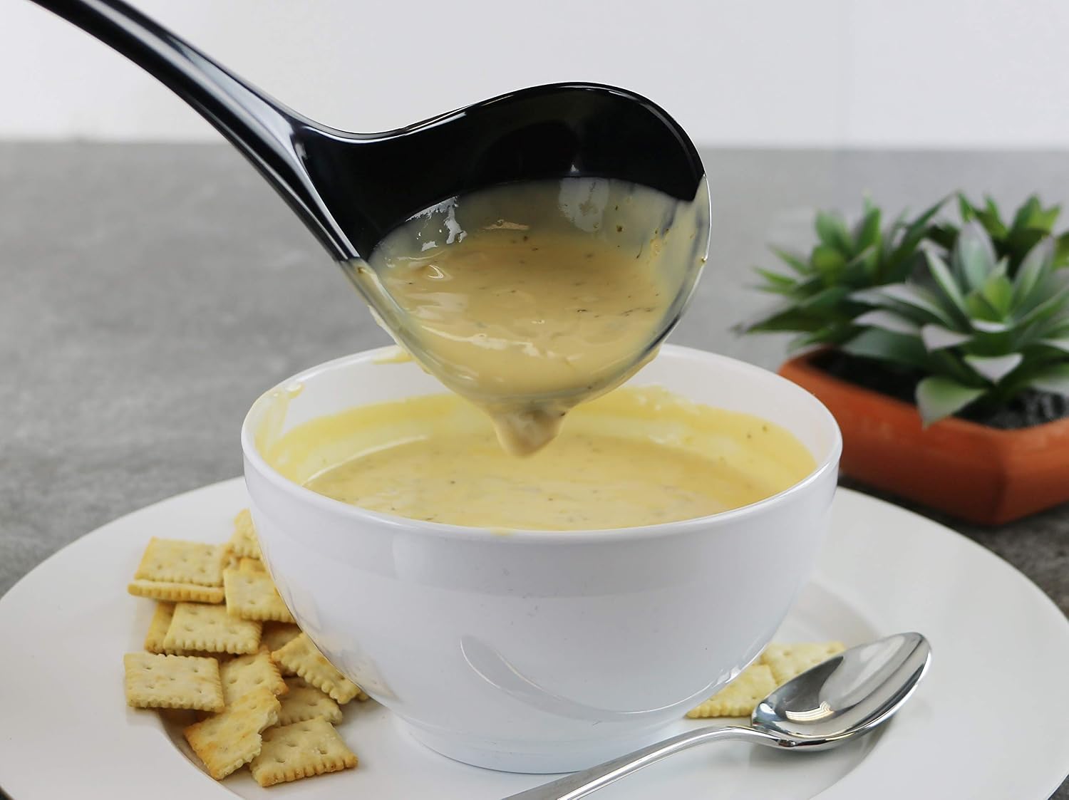 ladle serving soup into a bowl