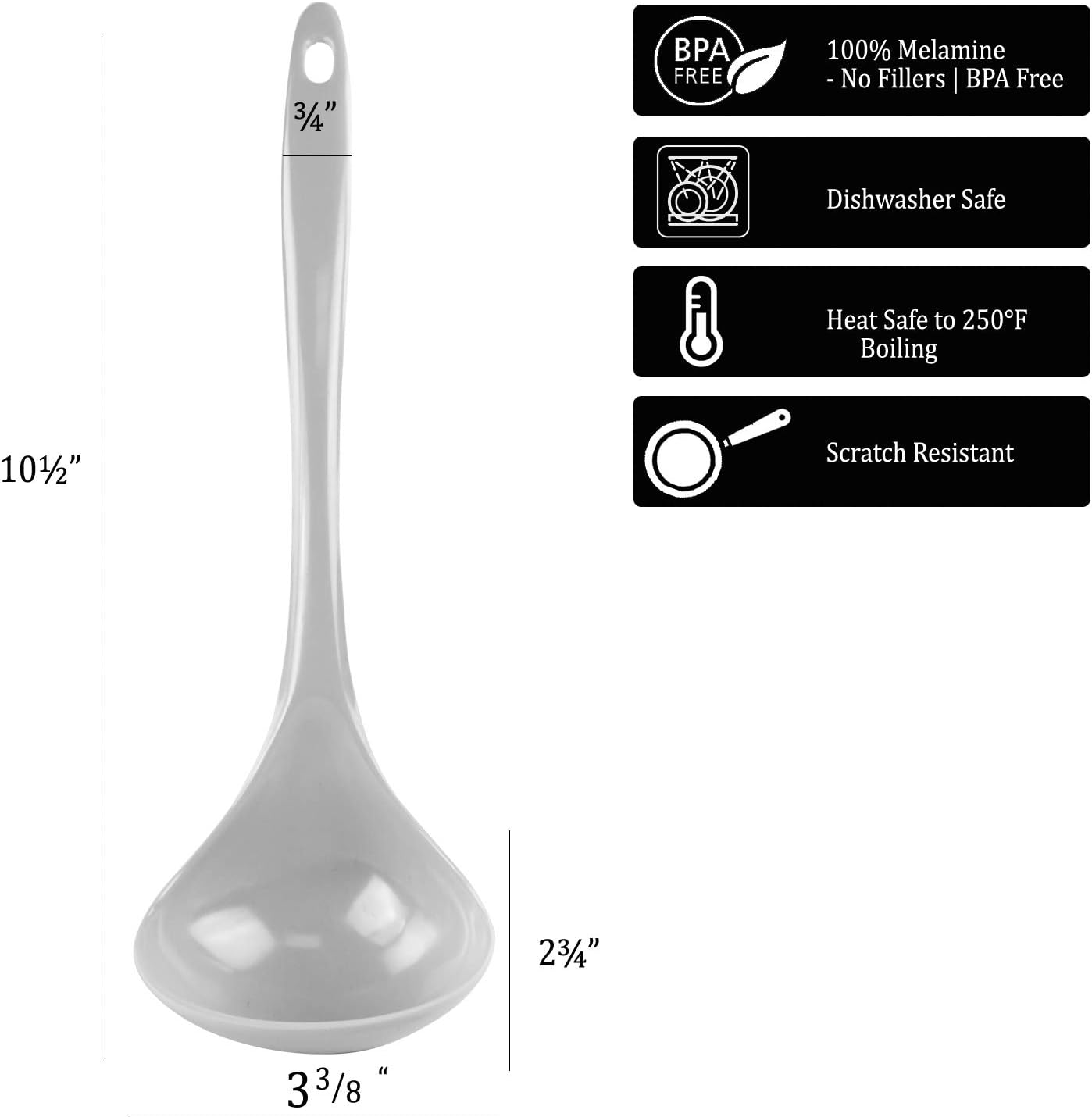 ladle dimensions: 10.5 in long, 3.7 in wide, heat safe to 250°F, dishwasher safe