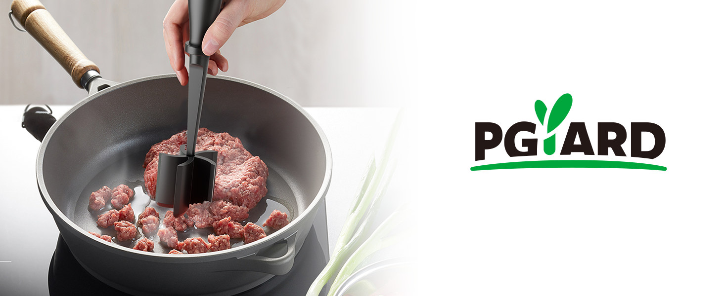 meat chopper breaking up ground beef in a skillet