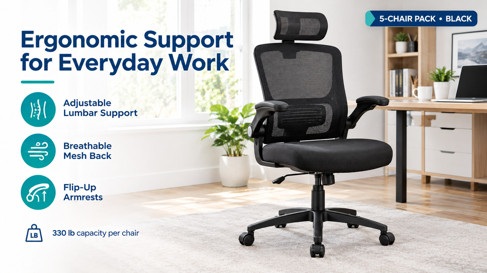 ergonomic support overview: adjustable lumbar support, breathable mesh back, flip-up armrests and 330 lb capacity per chair