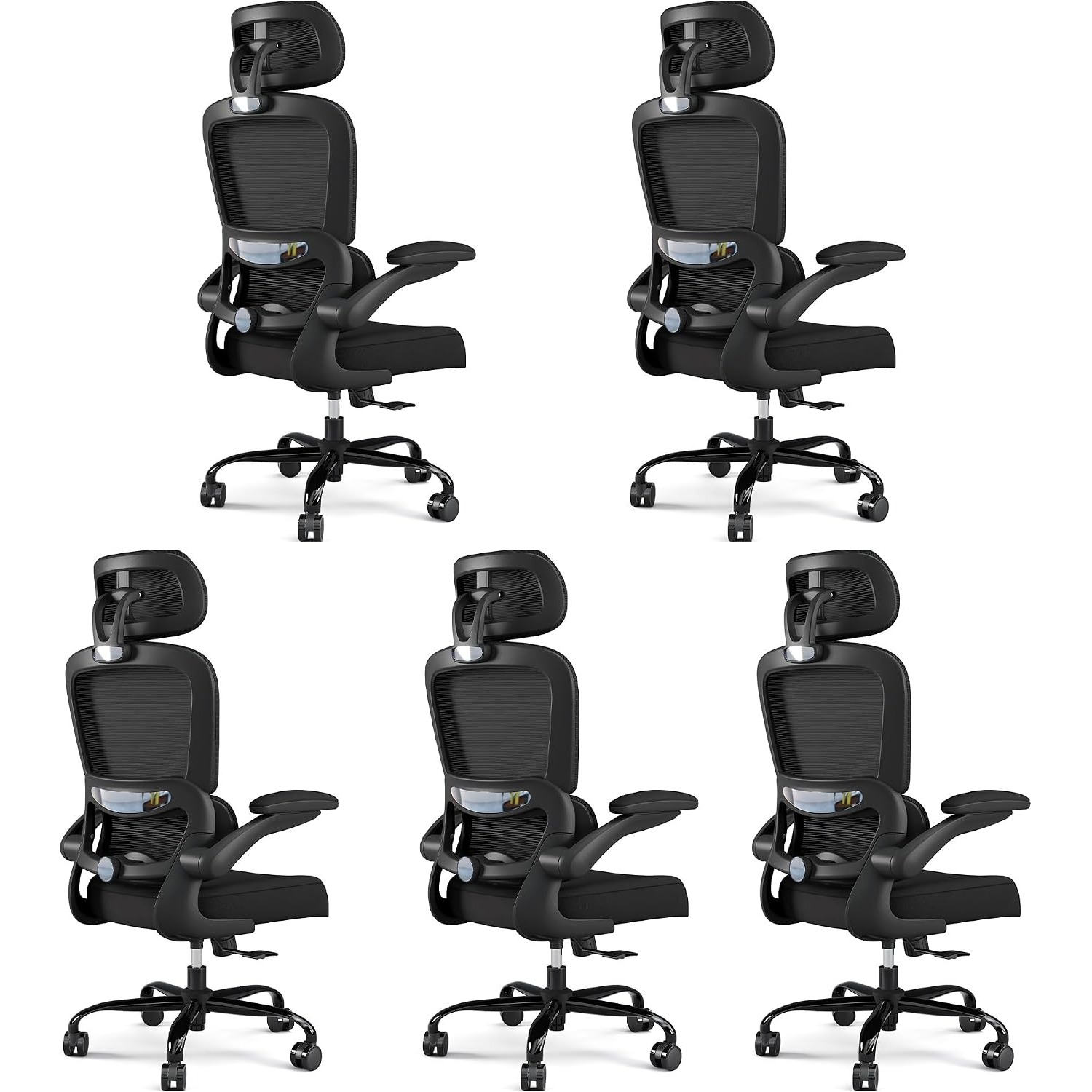 five black mesh ergonomic office chairs with adjustable lumbar support and flip-up armrests