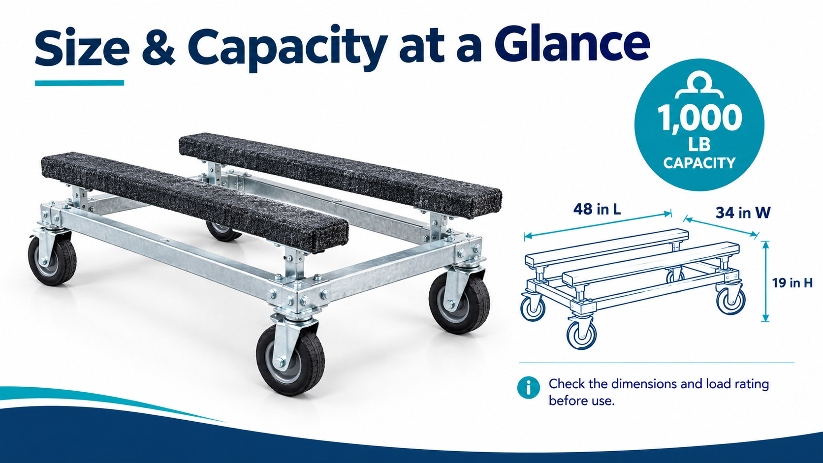 size and capacity at a glance: 48 in L x 34 in W x 19 in H, 1,000 lb capacity