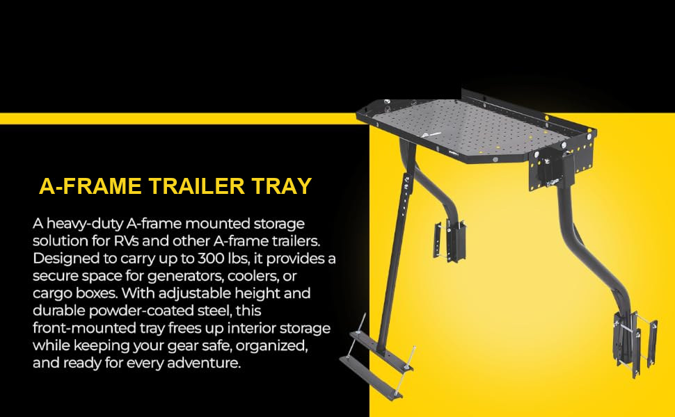 a heavy-duty a-frame mounted storage solution for rvs and other a-frame trailers, carries up to 300 lbs