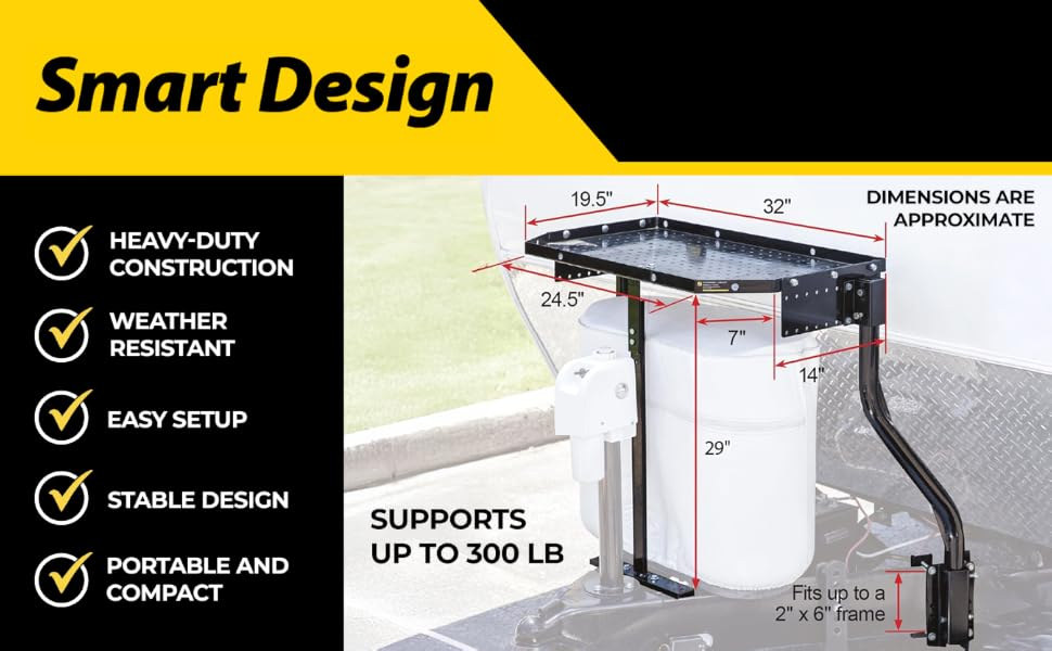 smart design: heavy-duty construction, weather resistant, easy setup, stable design, portable and compact, supports up to 300 lb