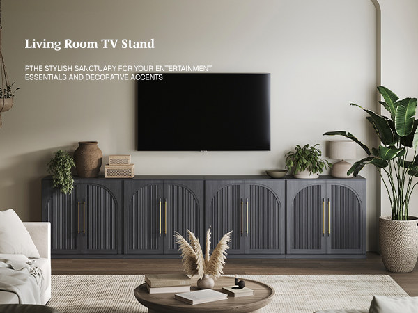 set of three ebony sideboard cabinets used as a living room TV stand for entertainment essentials