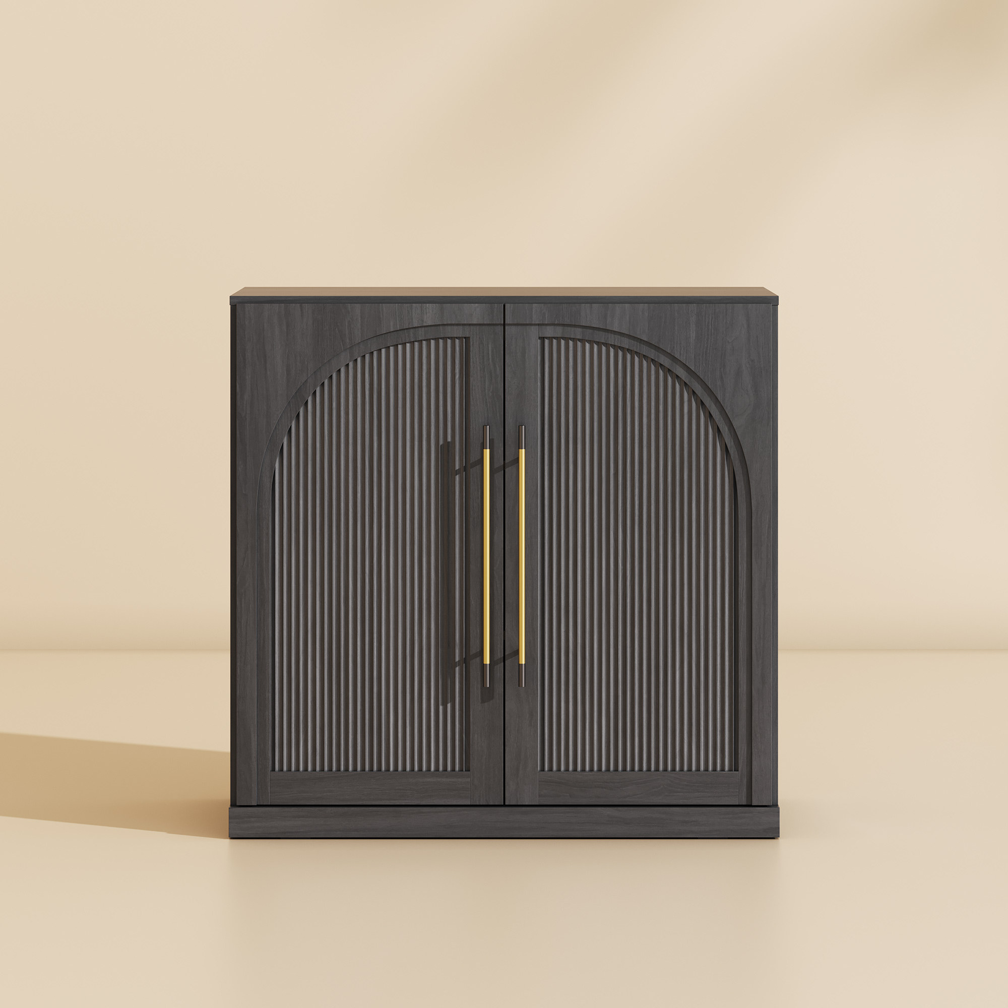 ebony sideboard cabinet with double-arc fluted doors and gold-tone handles on a clean studio background