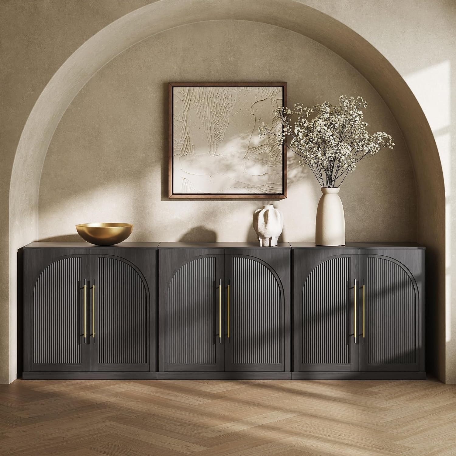 ebony modular sideboard cabinet with double-arc fluted doors and gold-tone handles